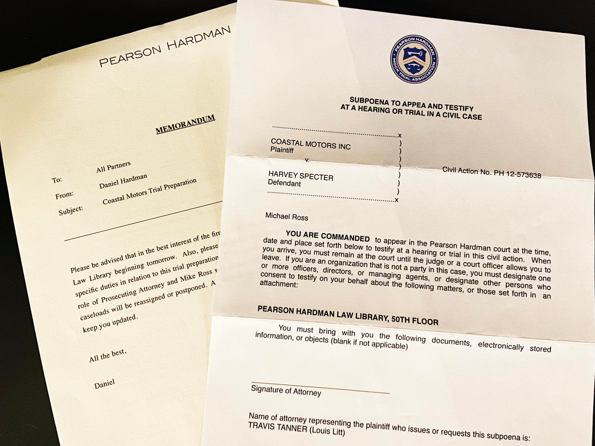 SUITS TV Series S02E07 Mike Ross Trial Document Prop from Daniel Hardm