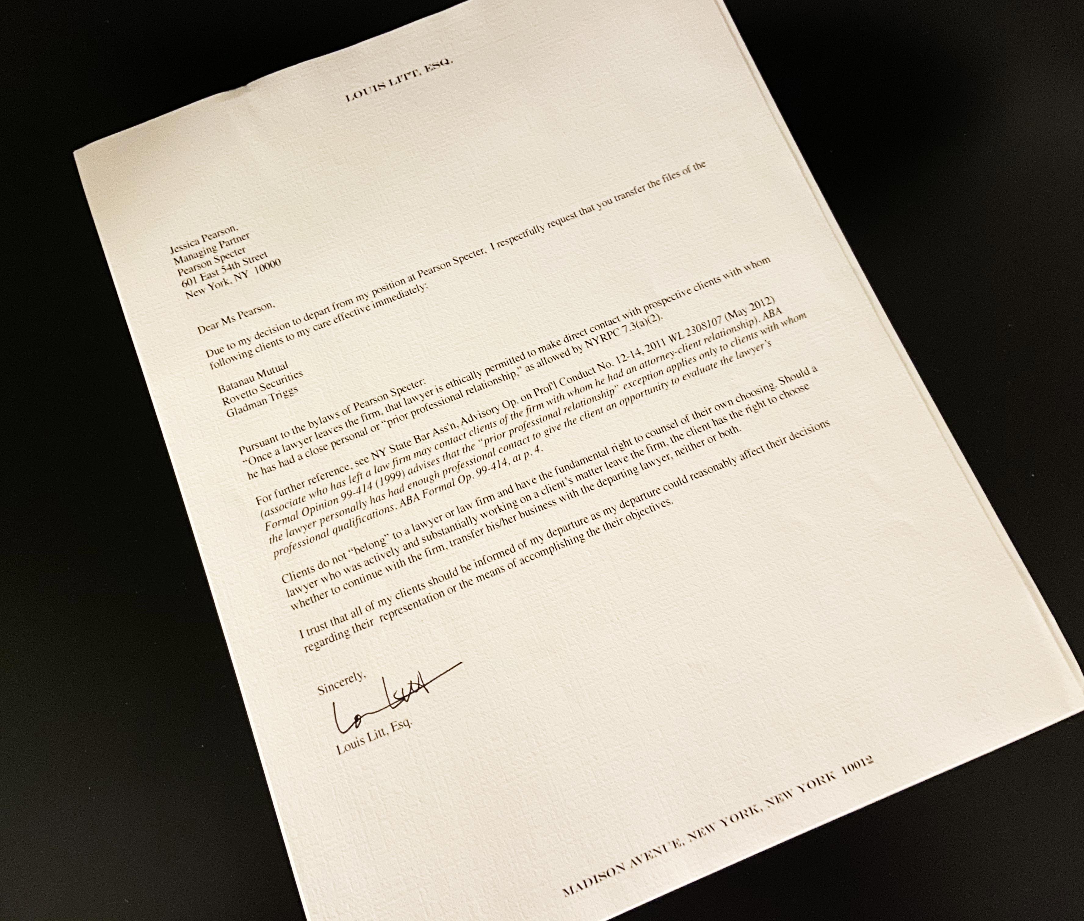 SUITS TV Series S04E10 Louis Litt Client Request Letter Prop to Jessica Pearson