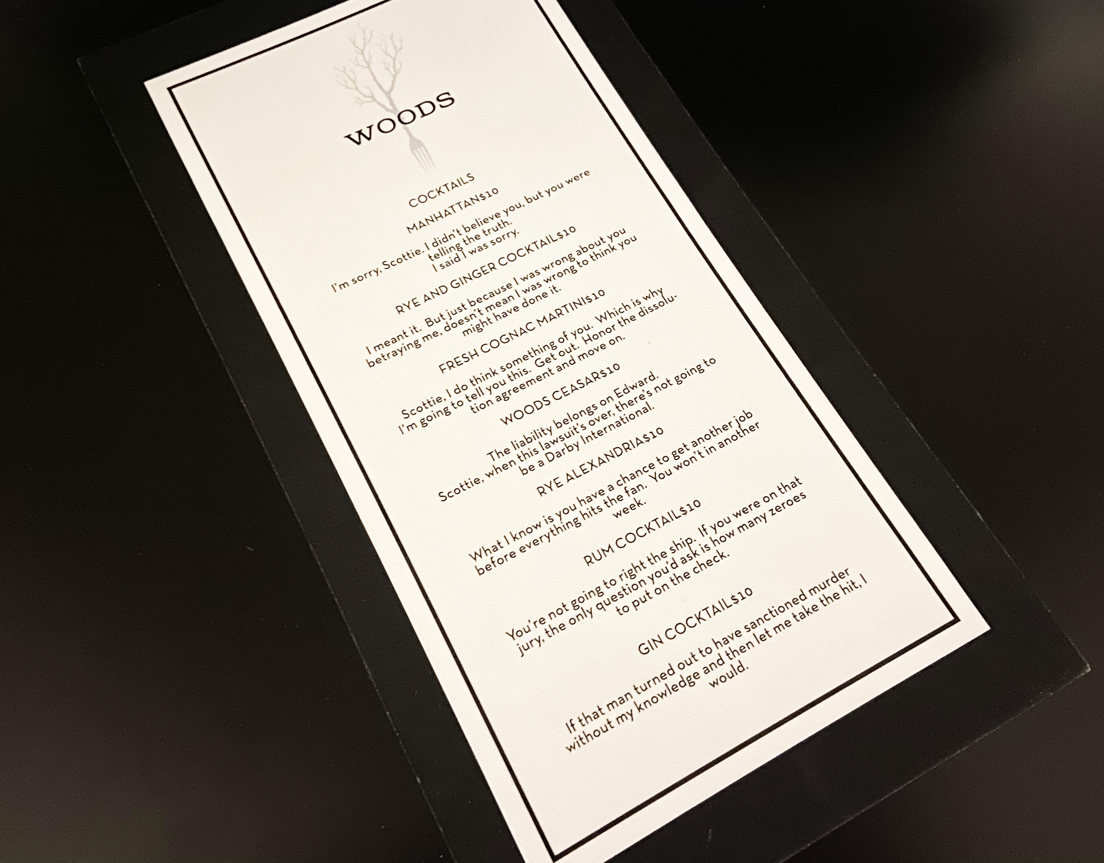 SUITS TV Series S03E10 Woods Dialogue Drink Menu Prop with Dana Scott and Harvey Specter