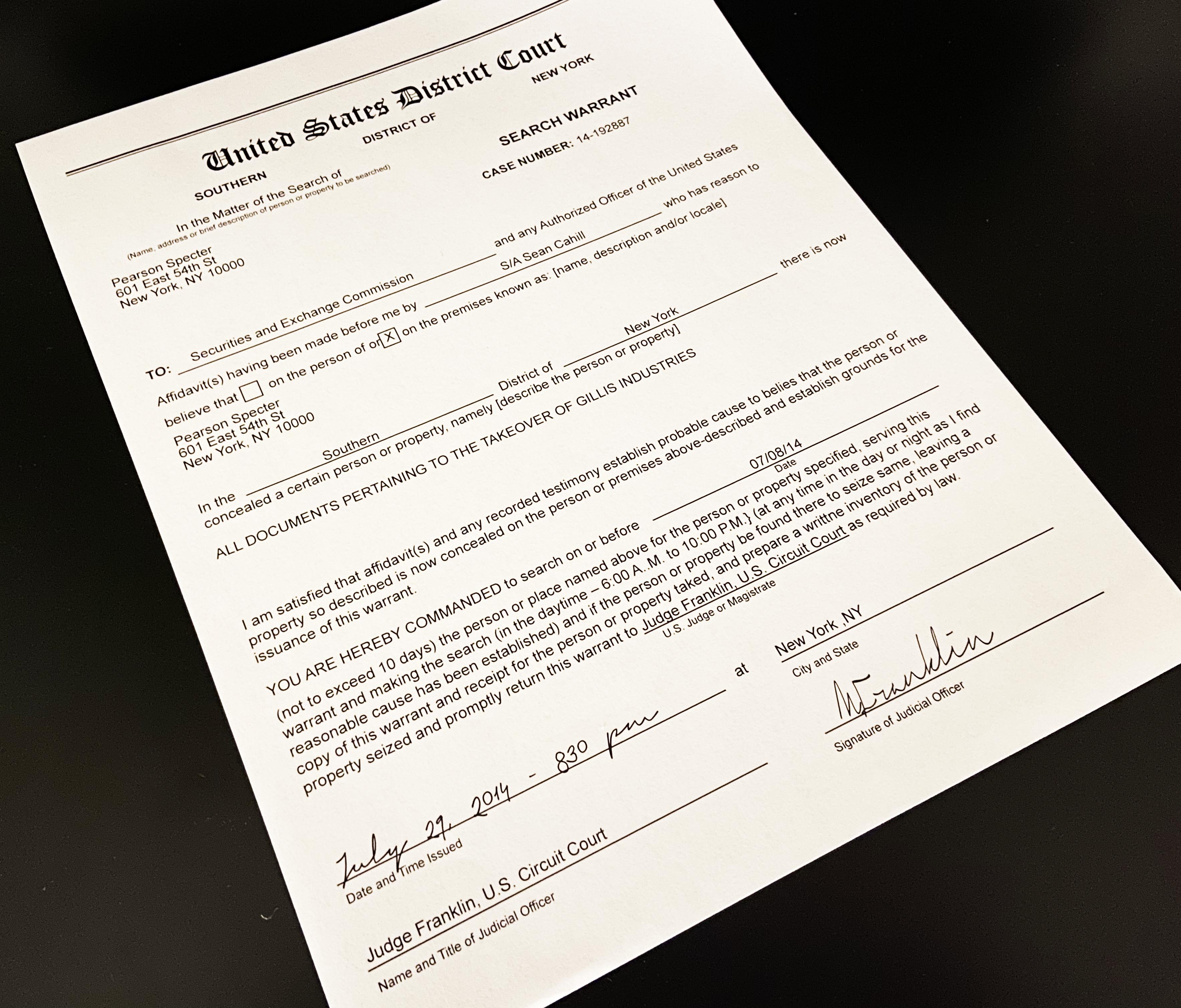 SUITS TV Series S04E08 Sean Cahill Search Warrant Document Prop to Pearson Specter for Gills Industries