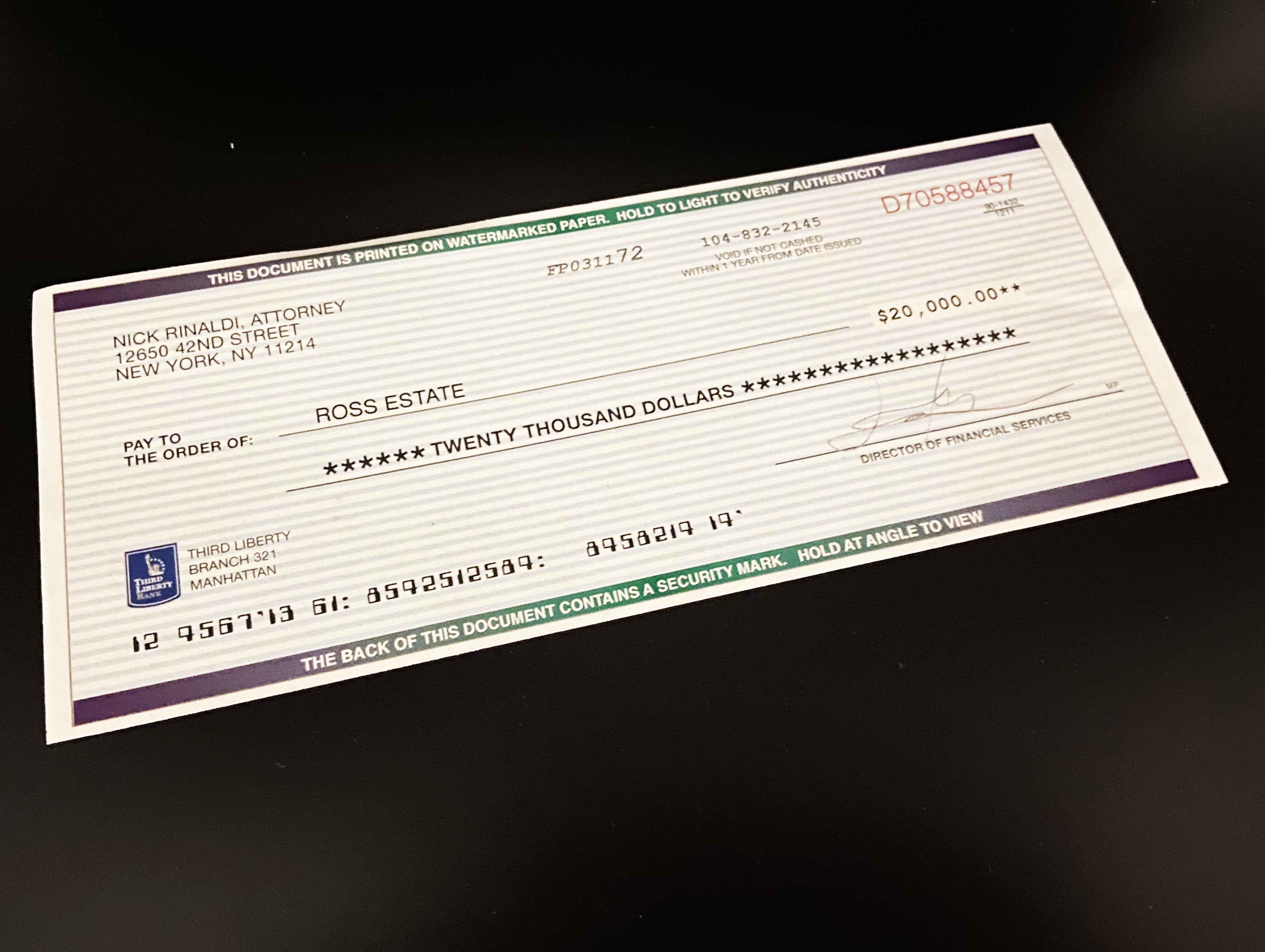 SUITS TV Series S03E11 Mike Ross Parents Settlement Contract with Cashier Check Prop