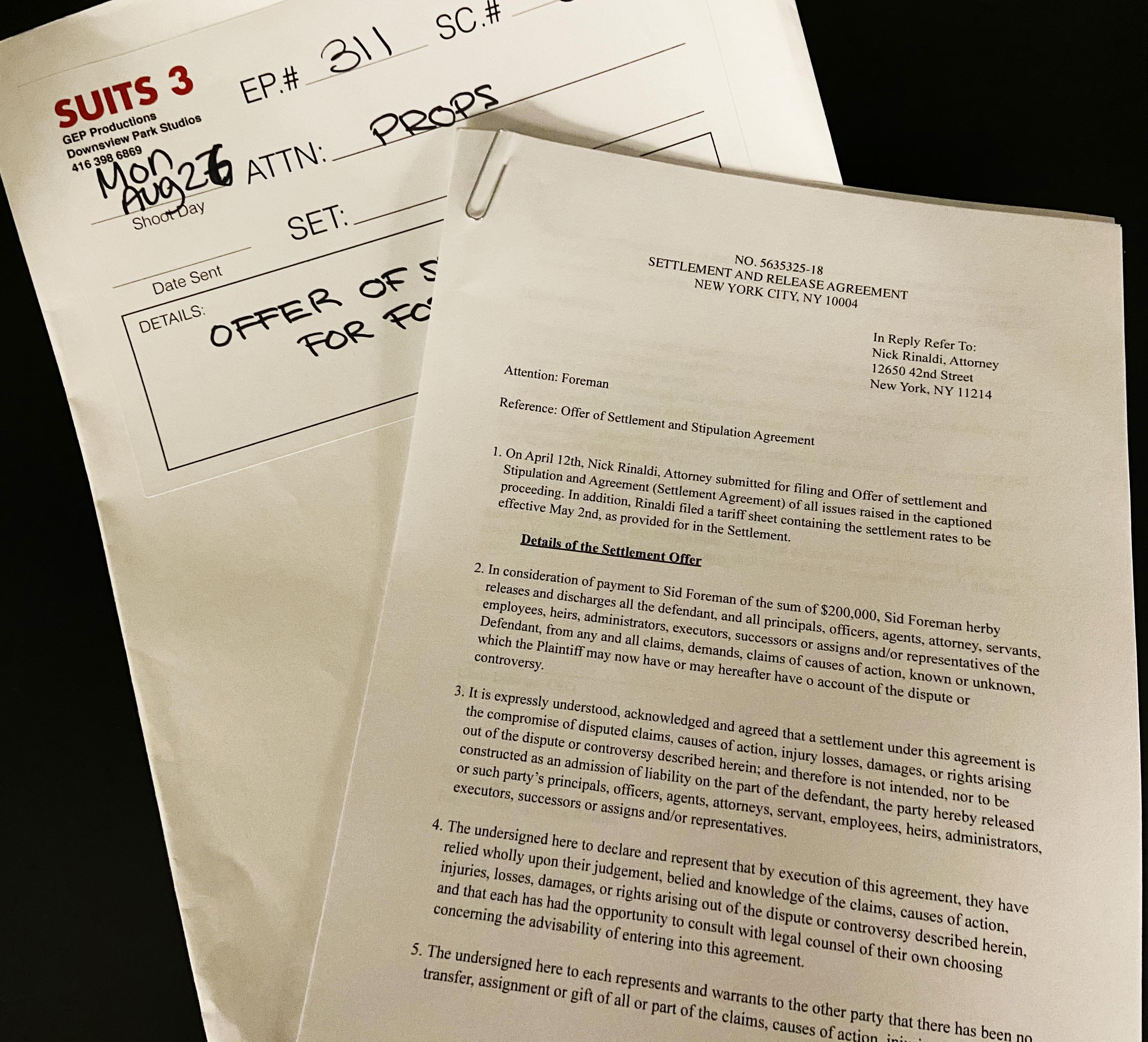 SUITS TV Series S03E11 Mike Ross Settlement Document Prop with Nick Rinaldi