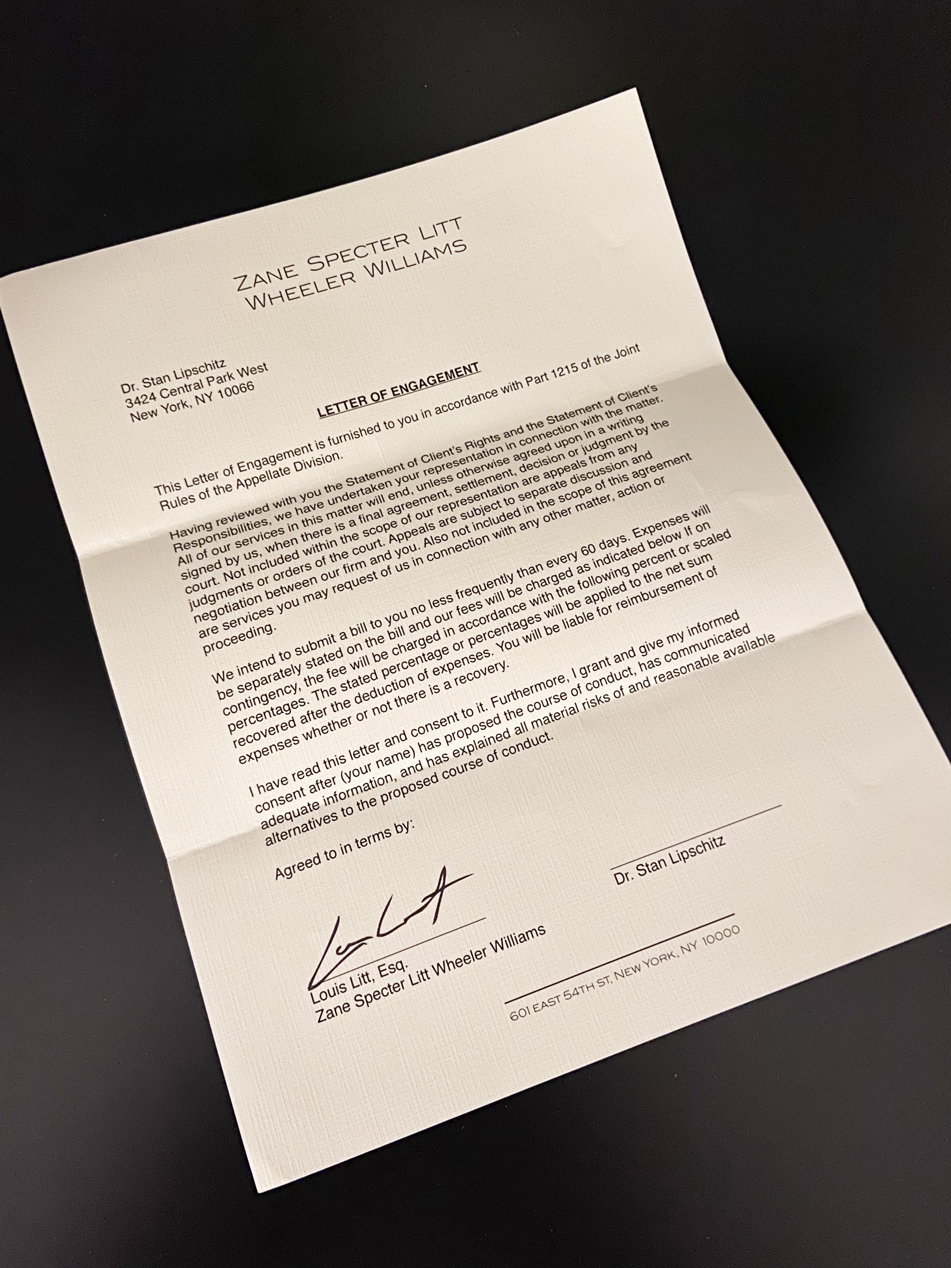 SUITS TV Series S08E14 Louis Litt's Letter of Engagement Stan Lipschitz Document Prop