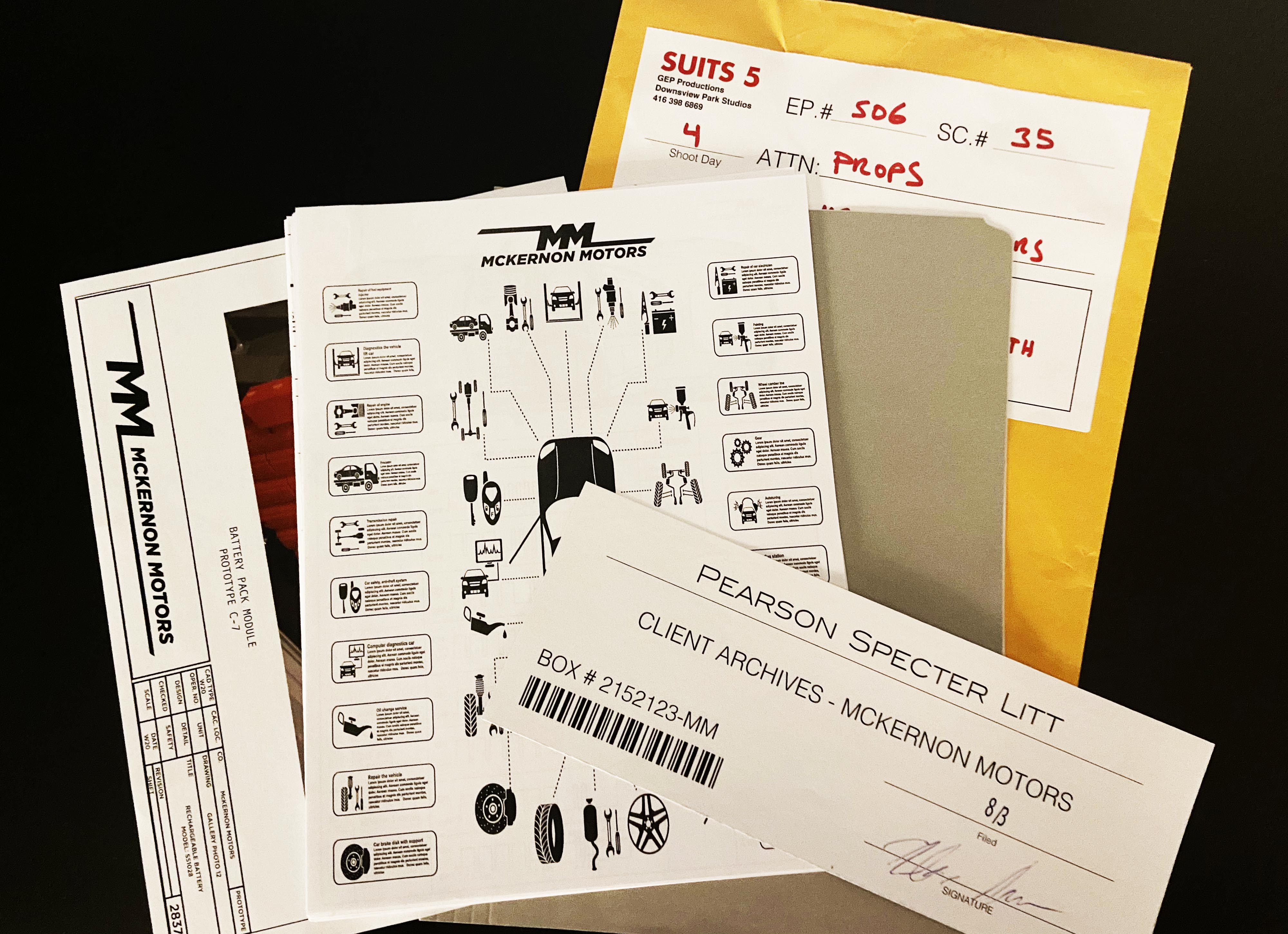 SUITS TV Series S05E06 McKernon Motors Engine Design Props from Dominic Barone