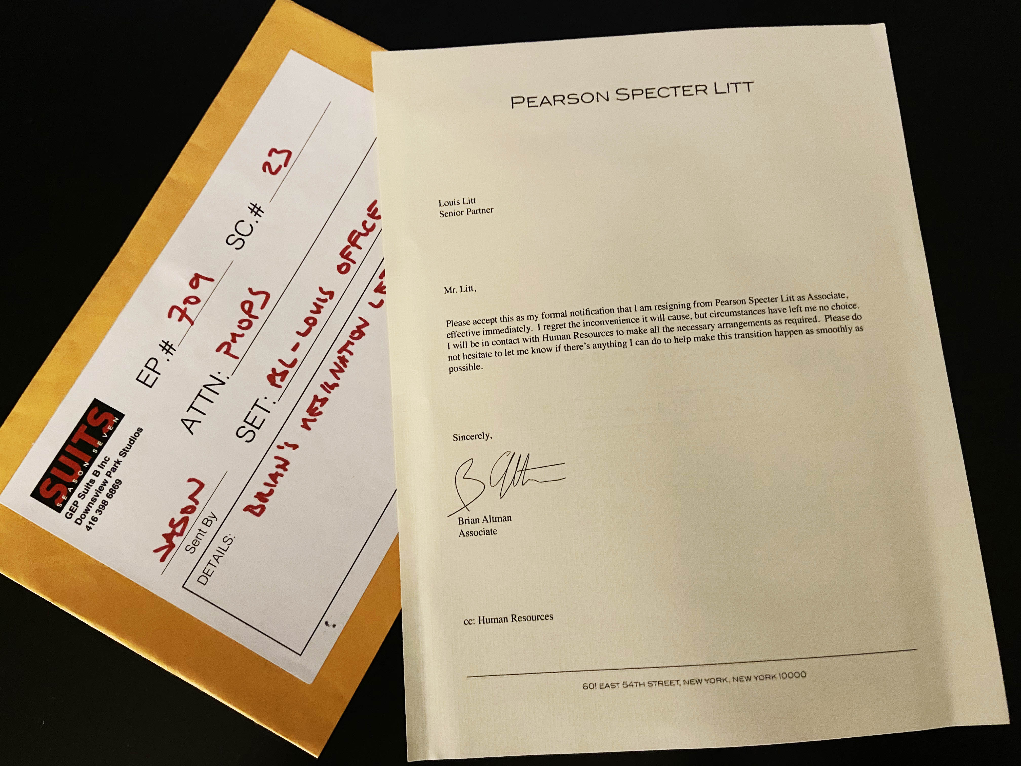 SUITS TV Series S07E09 Brian Altman Resignation Letter Prop to Louis Litt