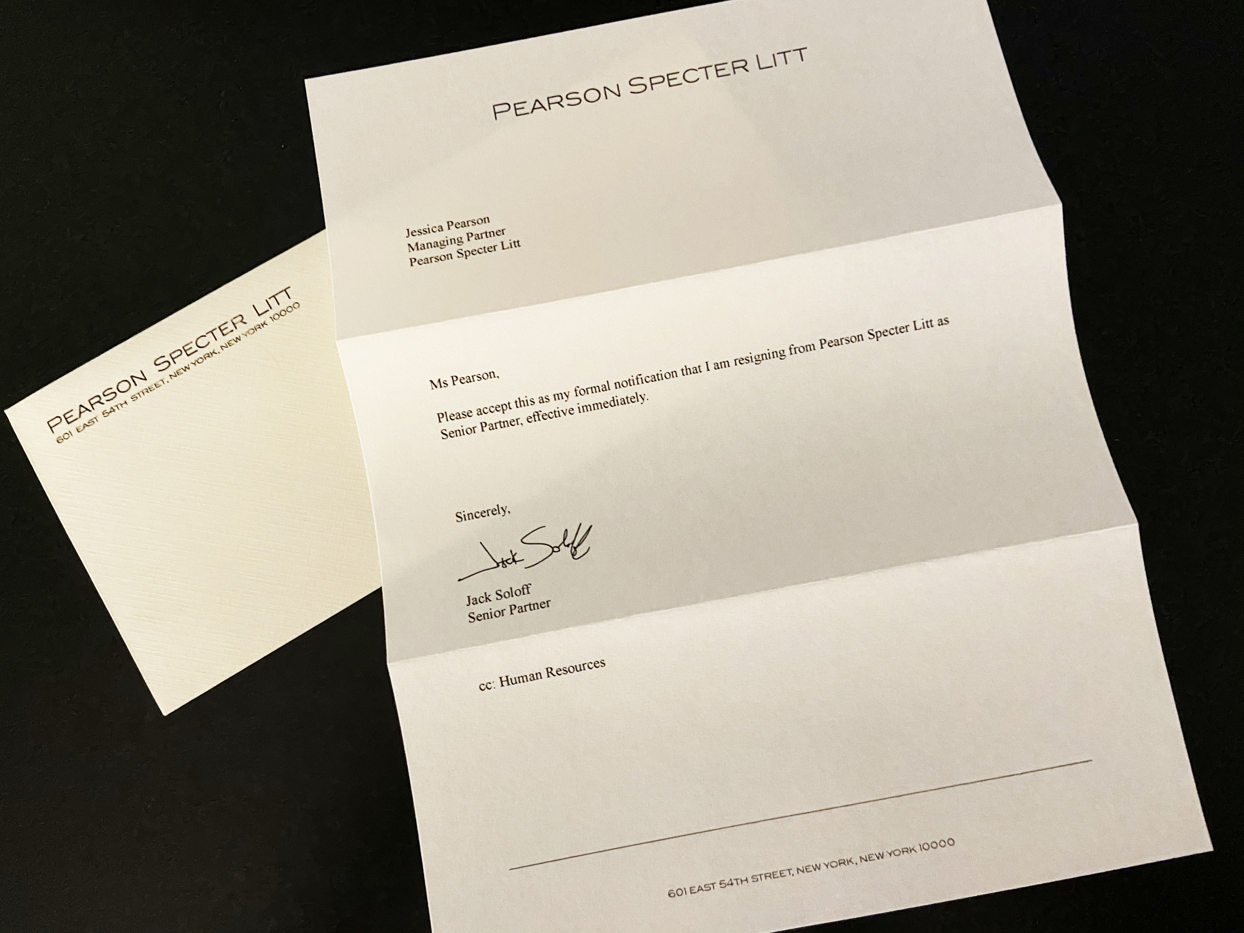 SUITS TV Series S05E16 Jack Soloff Letter of Resignation Letter Prop to Jessica Pearson