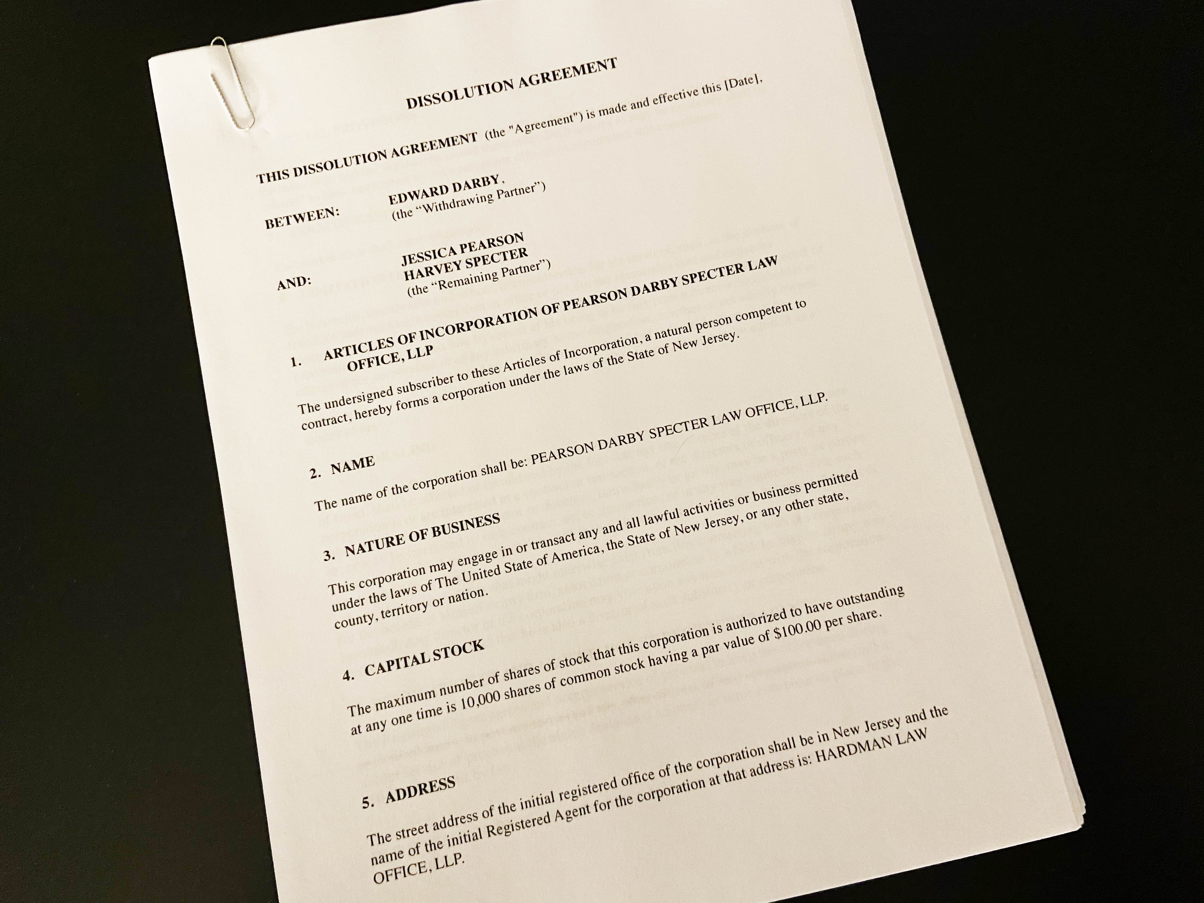 SUITS TV Series S03E08 Pearson Darby Specter Dissolution Agreement Prop