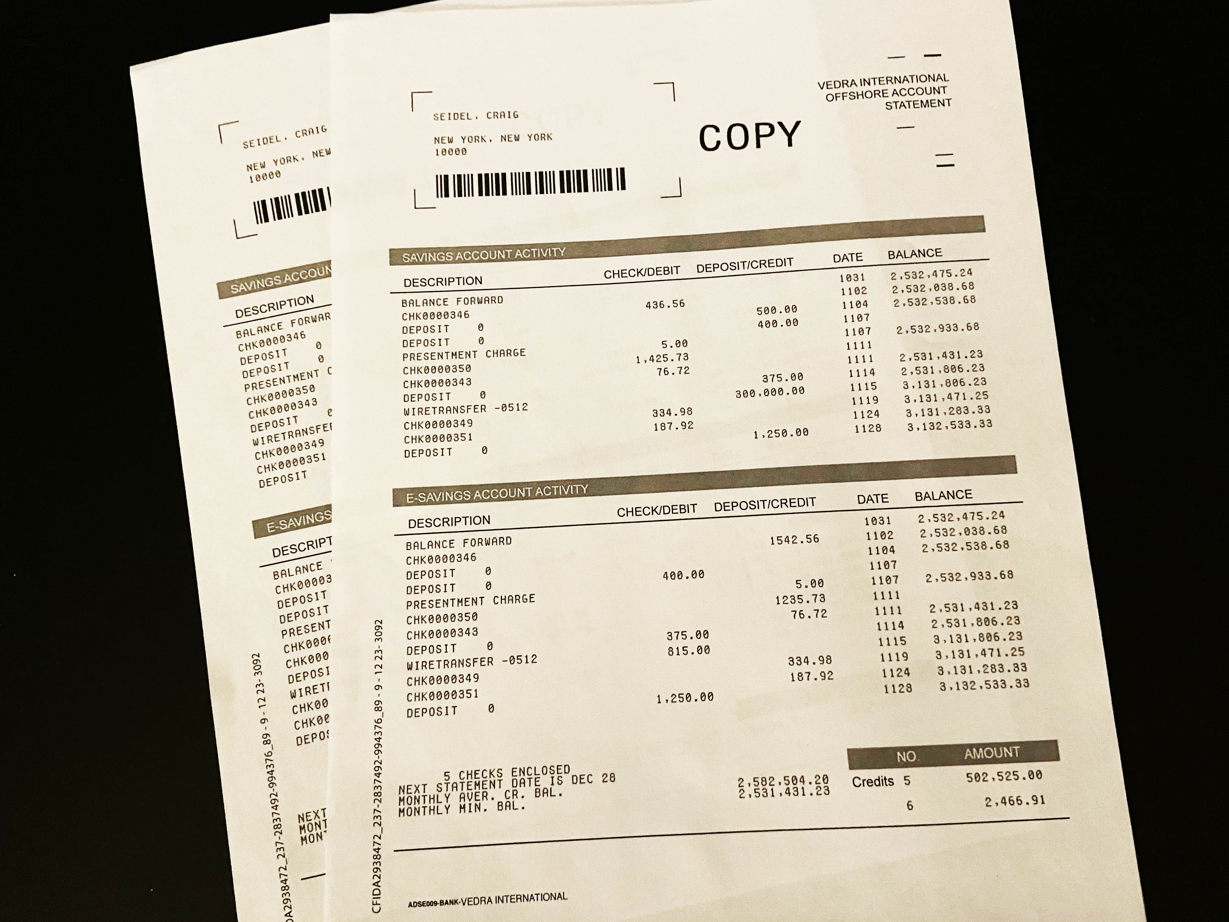 SUITS TV Series S06E14 Craig Seidel Offshore Bank Statement Prop from Harvey Specter