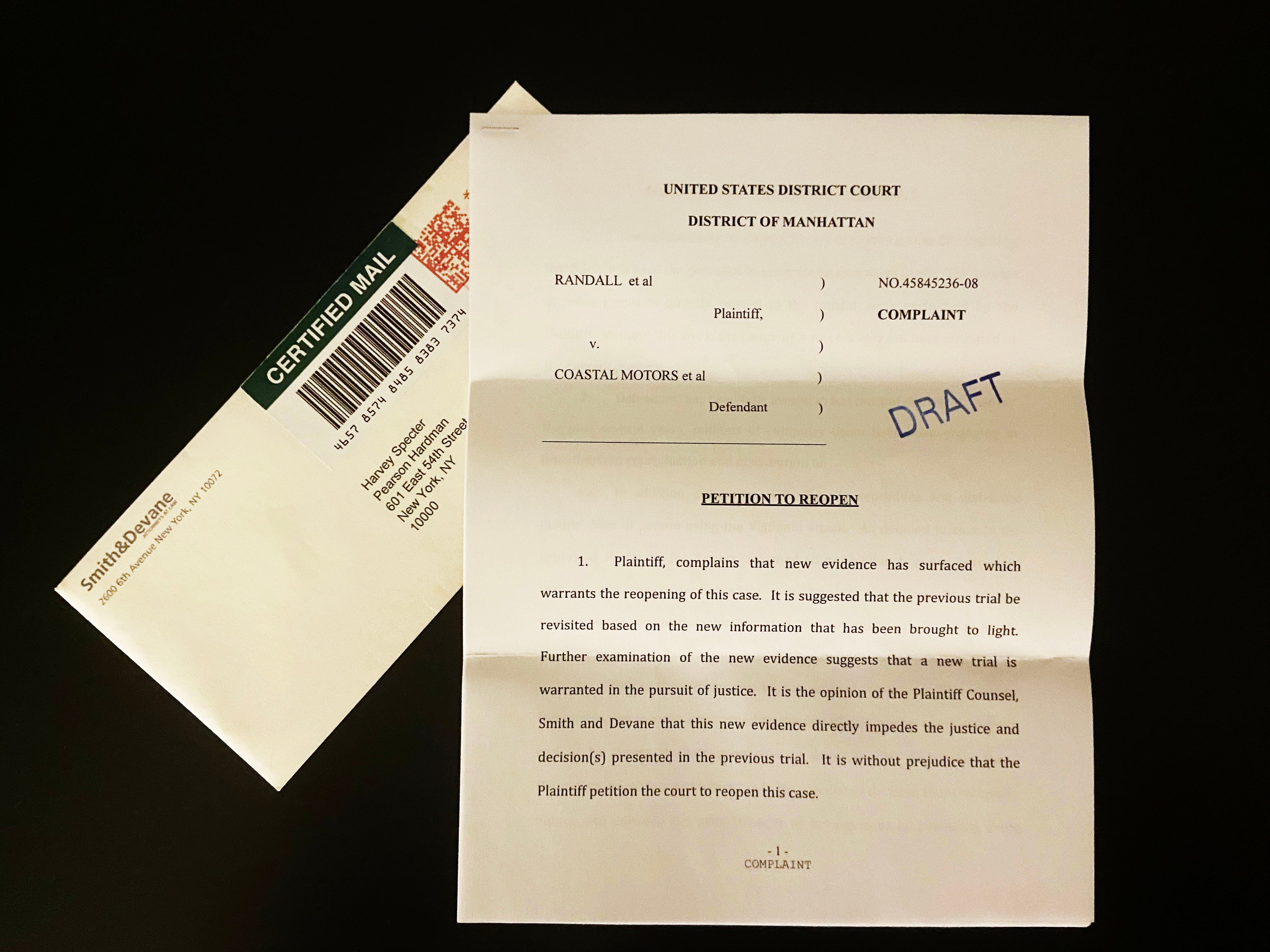 SUITS TV Series S02E04 Harvey Specter Certified Mail Letter Lawsuit Prop from Smith and Devane