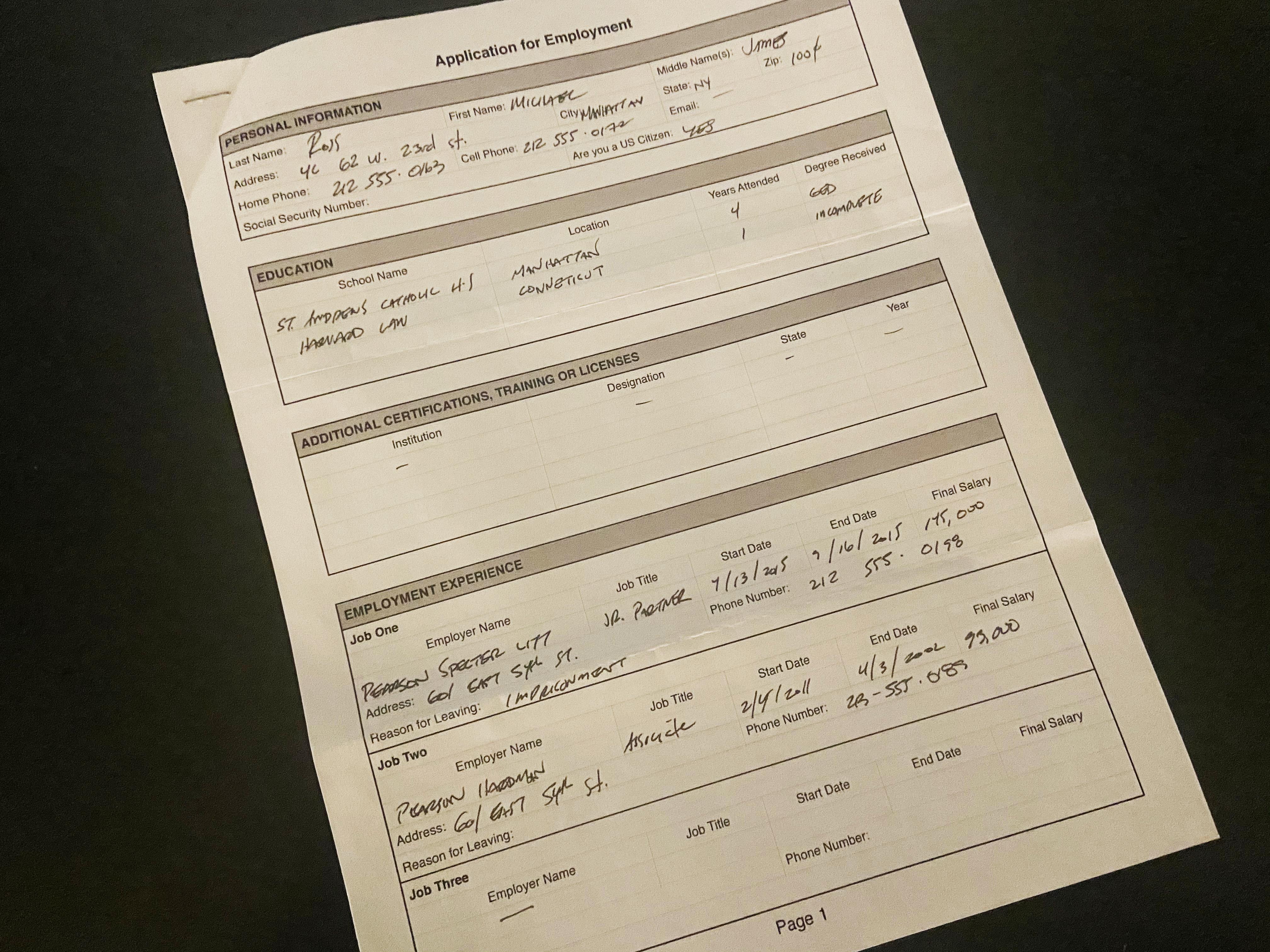 SUITS TV Series S06E11 Mike Ross Eastside Legal Clinic Application Prop