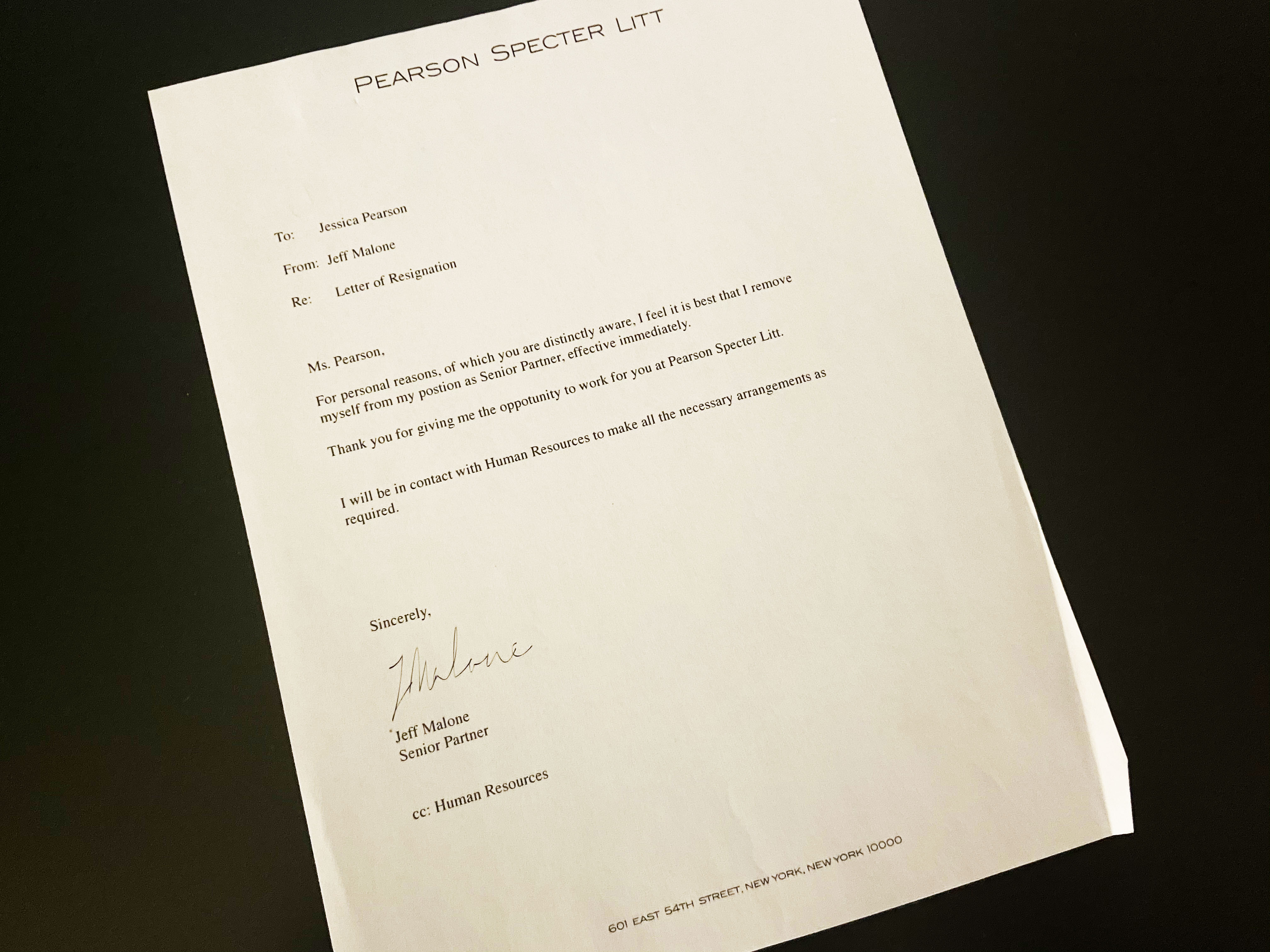 SUITS TV Series S04E15 Jeff Malone Resignation Letter Prop to Jessica Pearson