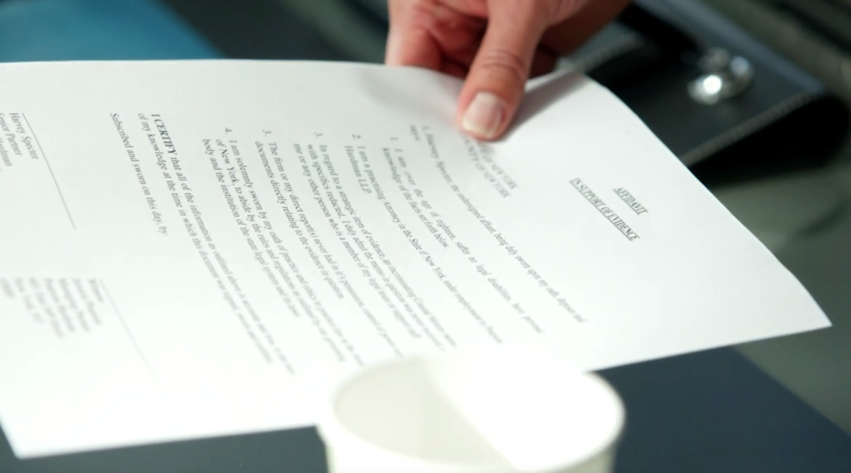 SUITS TV Series S02E05 Harvey Specter Affidavit Document Prop for Coastal Motors Spills Coffee