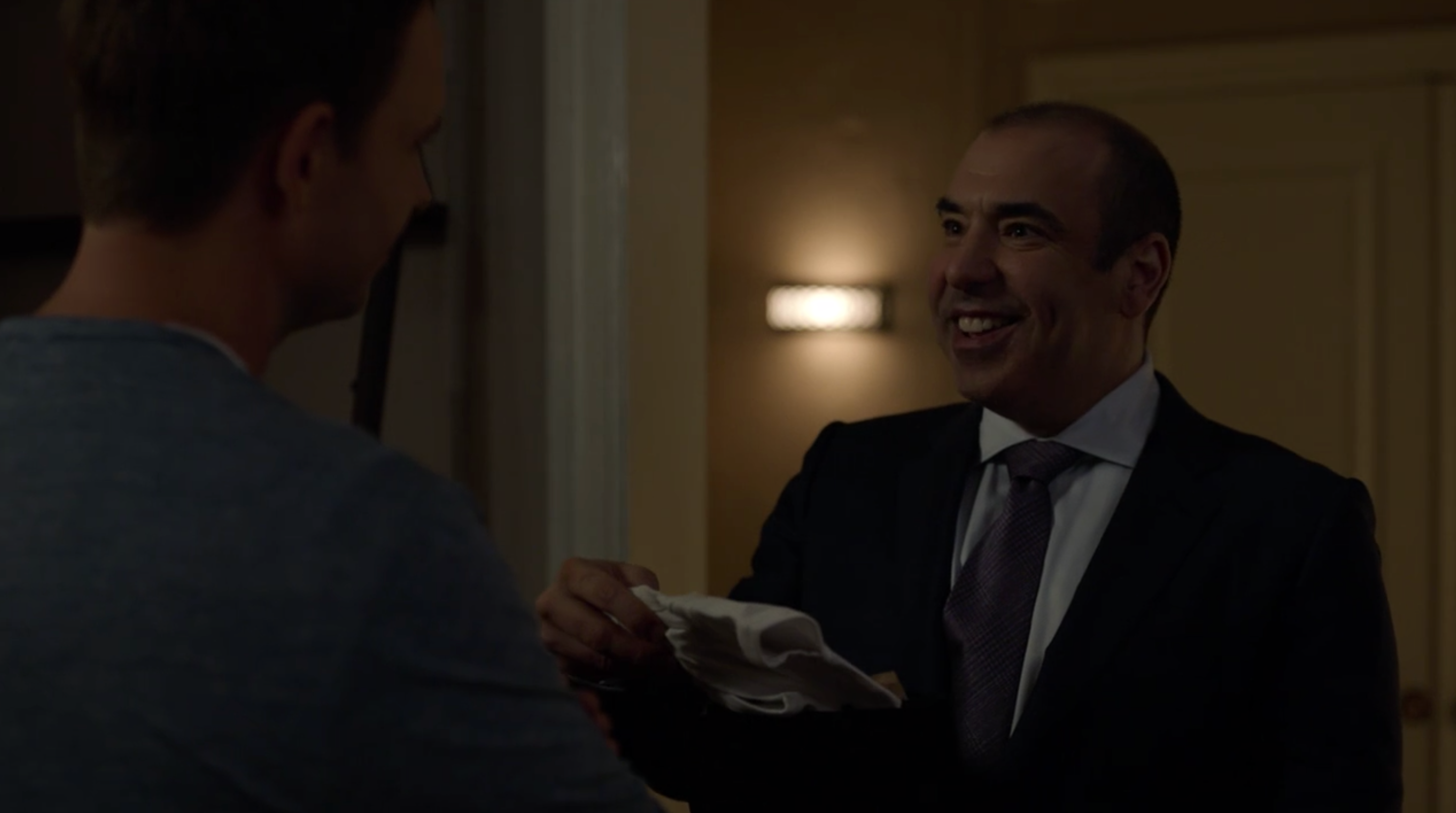 SUITS TV Series S09E05 Mike Ross and Rachel Zane You Just Got Spitt Up Baby Shirt Prop to Louis Litt