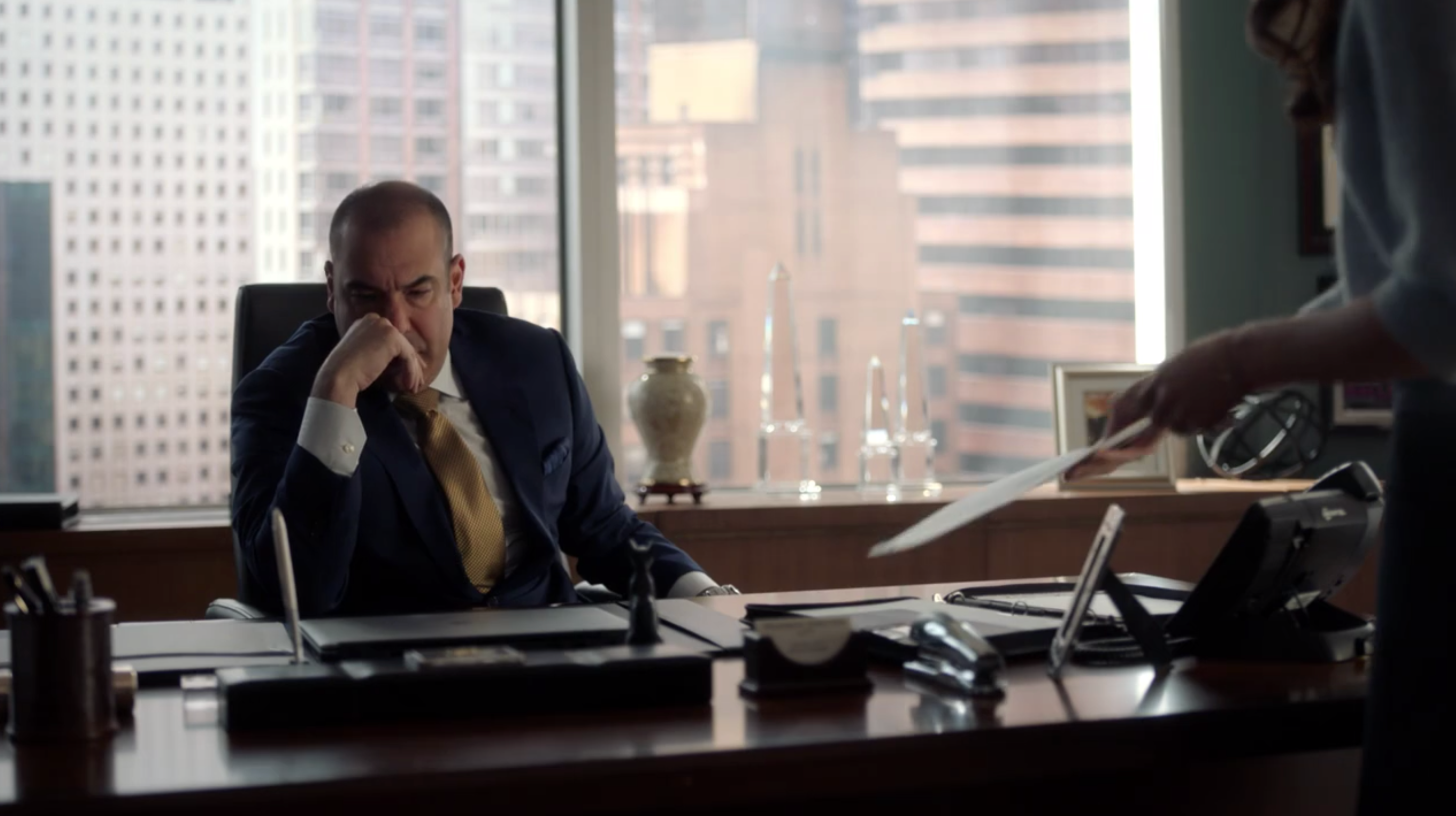 SUITS TV Series S07E06 Stephanie Patel Sexual Harassment Lawsuit Prop to Louis Litt with Rachel Zane